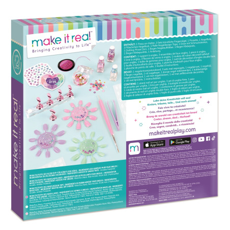 Rückseite einer Make It Real Bastelset-Box mit Inhalt, Anleitungen und farbigen Produktbildern.