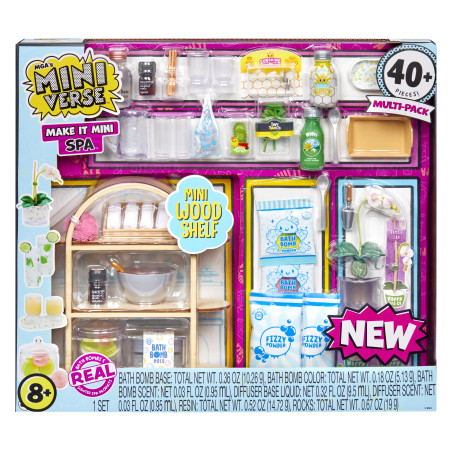 Mini Verse Make It Mini Spa Spielset mit Zubehör, Fläschchen und Badeartikeln in der Verpackung.