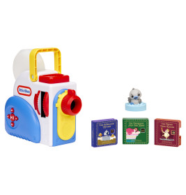 Spielzeugprojektor mit gelbem Griff, kleiner Tierfigur und drei bunten Bilderbüchern daneben.