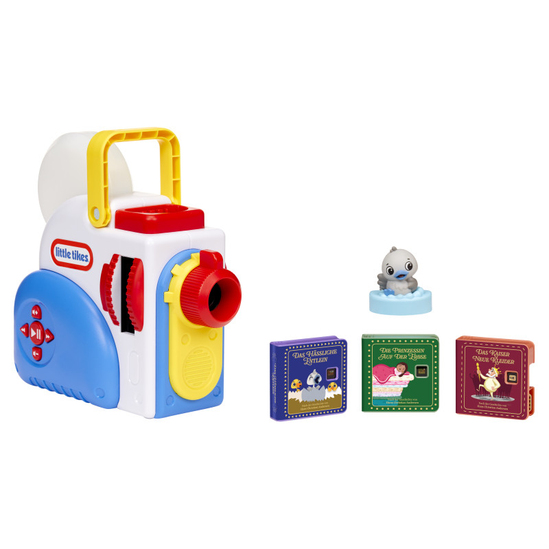 Spielzeugprojektor mit gelbem Griff, kleiner Tierfigur und drei bunten Bilderbüchern daneben. Spielzeugprojektor mit gelbem Griff, kleiner Tierfigur und drei bunten Bilderbüchern daneben.