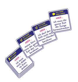 Vier deutsche Spielkarten mit Aufgaben und Einschränkungen, fächerförmig auf weißem Grund angeordnet.