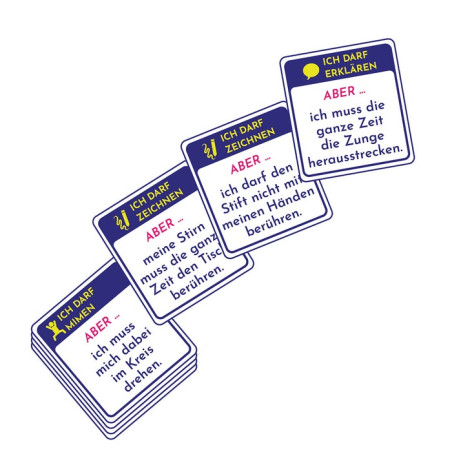 Vier deutsche Spielkarten mit Aufgaben und Einschränkungen, fächerförmig auf weißem Grund angeordnet.