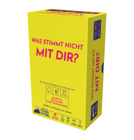 Gelbe Spielebox mit der Aufschrift "Was stimmt nicht mit dir?", pink-schwarzer Schrift und Cartoon-Icons.