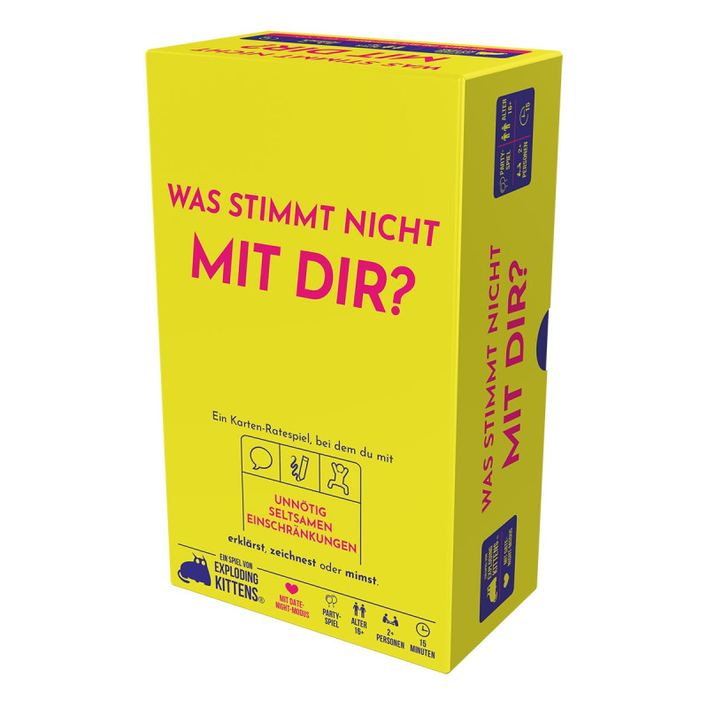 Gelbe Spielebox mit der Aufschrift "Was stimmt nicht mit dir?", pink-schwarzer Schrift und Cartoon-Icons.