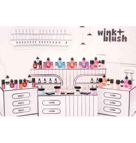 Bunte Flaschen und Make-up-Produkte auf weißen Regalböden im Cartoonstil mit der Aufschrift wink blush.