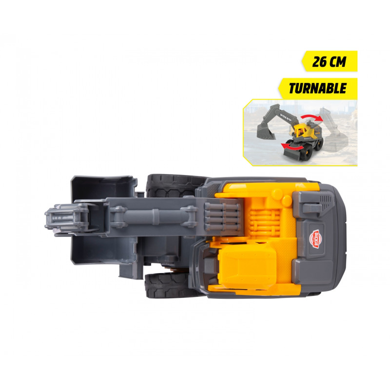 Gelbergrauer Spielzeugbagger von oben, mit drehbarer Funktion und 26 cm Länge im Detailausschnitt.