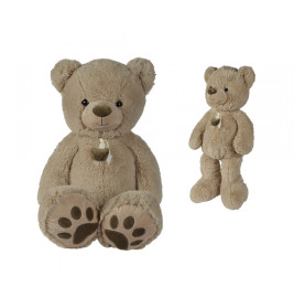 Zwei hellbraune, flauschige Teddybären, einer sitzt, einer steht, beide mit Pfotenabdrücken und Schleife.