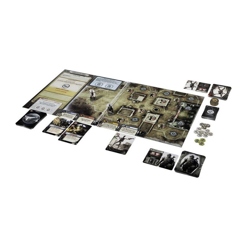 Ein Brettspiel mit Karten, Spielmarken, Charaktertafeln und einer ausgebreiteten Karte ist startklar aufgebaut.