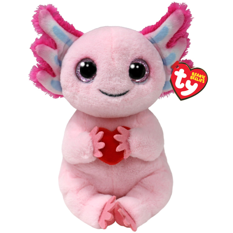 Ein rosa Axolotl-Plüschtier von Beanie Babies mit großen Augen hält ein rotes Herz und sitzt aufrecht.
