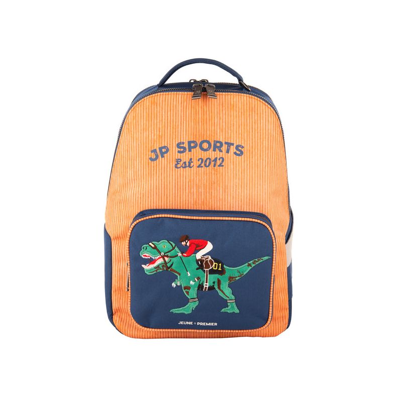 Orange-blauer Rucksack mit JP Sports Est 2012 und Dinosaurier mit Weihnachtsmütze auf der Vorderseite. Orange-blauer Rucksack mit JP Sports Est 2012 und Dinosaurier mit Weihnachtsmütze auf der Vorderseite.