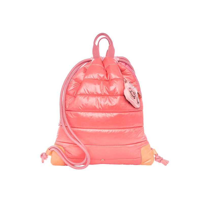 Pinker, wattierter Rucksack mit Kordelzügen und hellorangen Akzenten an den unteren Ecken. Pinker, wattierter Rucksack mit Kordelzügen und hellorangen Akzenten an den unteren Ecken.