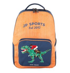 Orange-navy Rucksack, vorne JP Sports und ein Dinosaurier mit Weihnachtsmütze auf der Vordertasche.