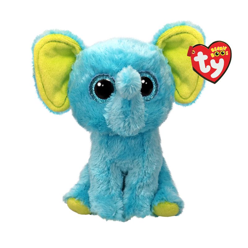 Blauer und gelber Plüschelefant mit großen Glitzeraugen und Ty Beanie Boos Schild am Ohr.