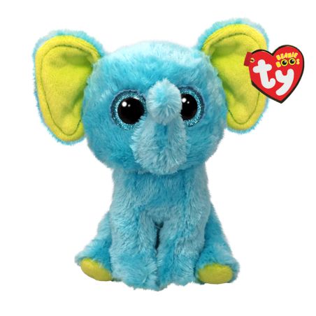 Blauer und gelber Plüschelefant mit großen Glitzeraugen und Ty Beanie Boos Schild am Ohr.