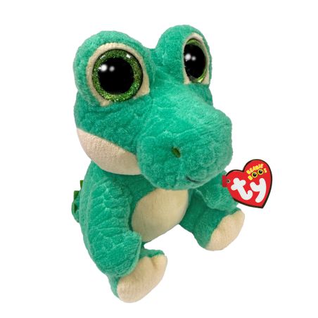 Ein grüner Plüsch-Alligator mit großen Augen und einem Ty Beanie Boos Anhänger an der Hand.