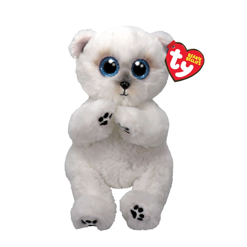 Weißer Beanie Babies Eisbär mit großen blauen Augen und rotem Ty-Label am Ohr.