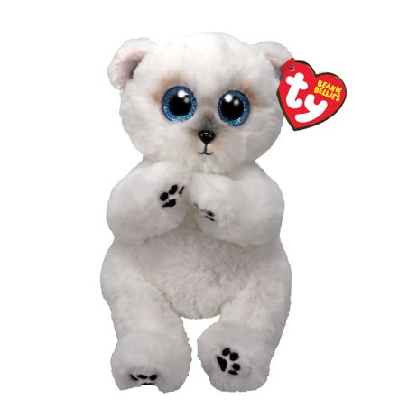 Weißer Beanie Babies Eisbär mit großen blauen Augen und rotem Ty-Label am Ohr.