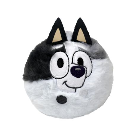 Rundes Plüschtier mit schwarzem und weißem Husky-Gesicht, großen Augen und aufrechten Ohren im Cartoon-Stil.