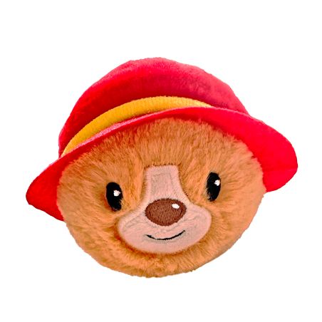 Plüschbärengesicht mit rotem Hut und gelbem Band, lächelnd vor weißem Hintergrund.