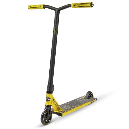 Gelb-schwarzer Stunt-Scooter mit T-förmigem Lenker und zwei kleinen Rädern.