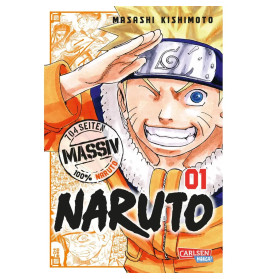 Naruto-Manga-Cover: Naruto Uzumaki lächelt und zeigt eine Handgeste, mit auffälligem Titeltext.