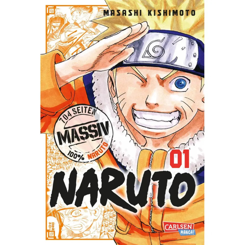 Naruto-Manga-Cover: Naruto Uzumaki lächelt und zeigt eine Handgeste, mit auffälligem Titeltext. Naruto-Manga-Cover: Naruto Uzumaki lächelt und zeigt eine Handgeste, mit auffälligem Titeltext.