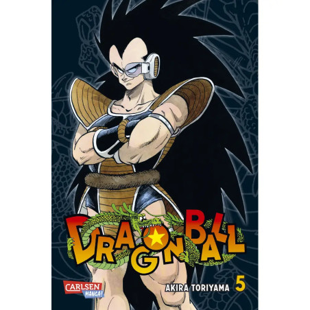 Saiyajin-Krieger mit Rüstung und Scouter steht mit verschränkten Armen auf dem Cover von Dragon Ball Band 5.