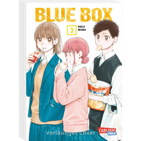 Drei Jugendliche im Anime-Stil essen Snacks auf dem Cover von Blue Box Manga Band 3 von Kouji Miura.