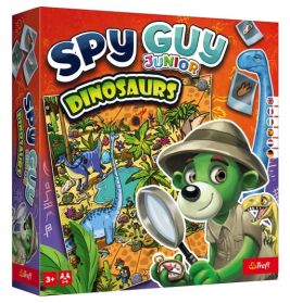 Bunte Spy Guy Junior Dinosaurier-Spieleschachtel mit Comic-Dinosaurier und grünem Detektivhund auf dem Cover.