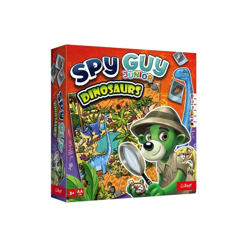 Bunte Spy Guy Junior Dinosaurier-Spieleschachtel mit Comic-Dinosaurier und grünem Detektivhund auf dem Cover.