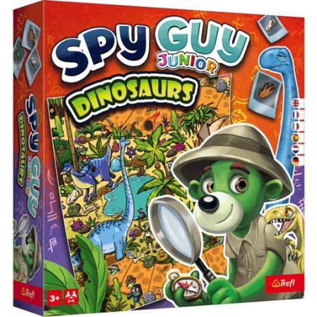 Bunte Spy Guy Junior Dinosaurier-Spieleschachtel mit Comic-Dinosaurier und grünem Detektivhund auf dem Cover.