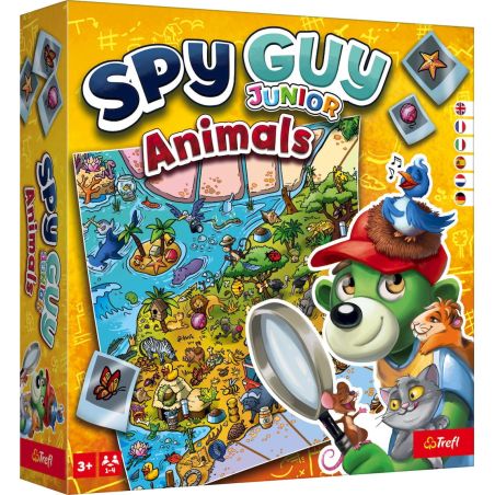 Bunte Spieleschachtel Spy Guy Junior Animals mit Cartoon-Tieren und einem Bären mit Lupe.
