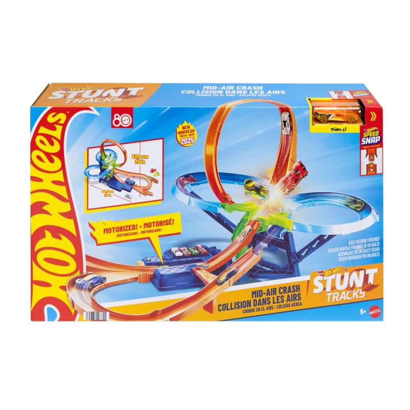 Hot Wheels Stunt Track Spielzeugbox mit buntem Rennstrecke und Autos auf der Vorderseite.