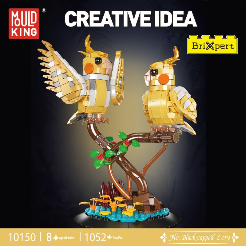 Zwei gelb-weiße LEGO-Kakadus sitzen auf einem braunen Ast mit grünen Blättern und gelben Blüten. Zwei gelb-weiße LEGO-Kakadus sitzen auf einem braunen Ast mit grünen Blättern und gelben Blüten.