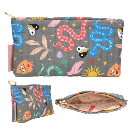 Graues Etui mit bunten Mustern aus Schlange, Hand, Blume und Sonne innen gepunktetes Futter.