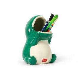 Keramik-Stiftehalter in Dinosaurierform mit bunten Stiften im Maul vor weißem Hintergrund.