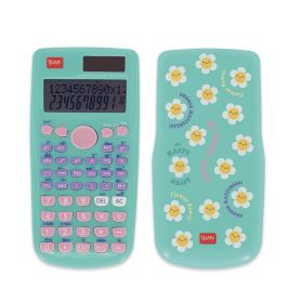 Ein mintgrüner Taschenrechner mit pinken Tasten und floral gemusterter Hülle mit aufgedruckten positiven Wörtern.