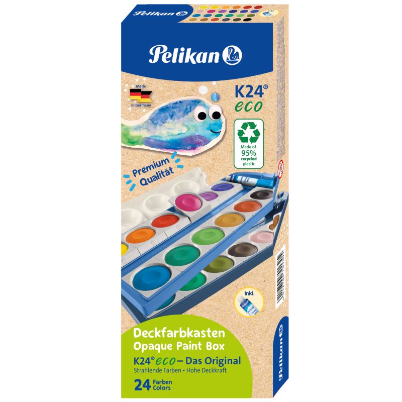 Pelikan K24 eco Deckfarbkasten mit 24 Farben, Pinsel und Fischmotiv auf der Verpackung.