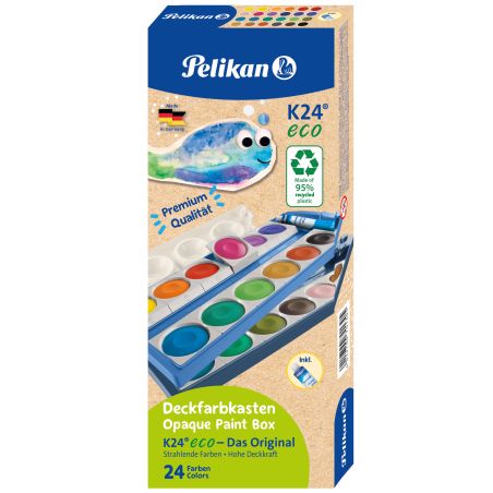 Pelikan K24 eco Deckfarbkasten mit 24 Farben, Pinsel und Fischmotiv auf der Verpackung.