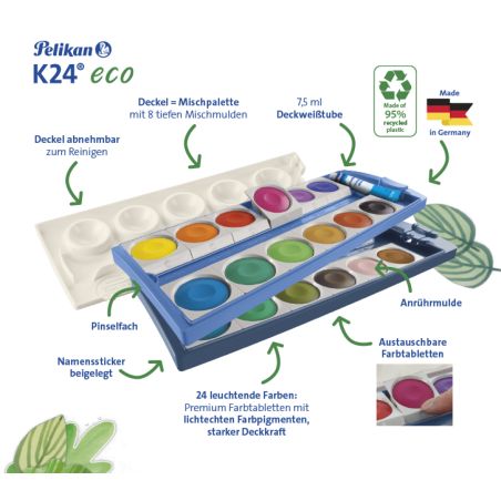 Pelikan Deckfarbkasten K24® eco inkl. Deckweiß, 24 Farben