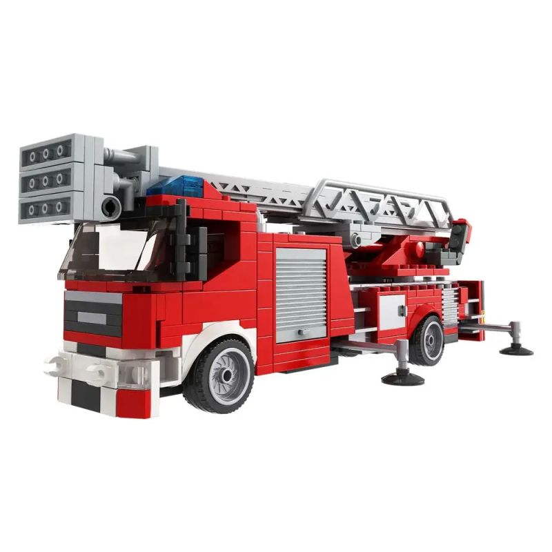 Rotes LEGO-Feuerwehrauto mit ausgefahrener Leiter und abgestützten Stabilisator-Beinen.