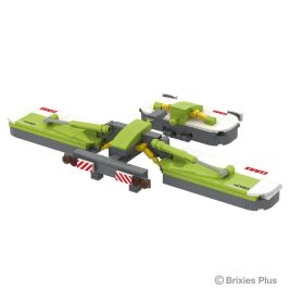 LEGO-Modell einer grün-weißen Landmaschine, schräg von der Seite betrachtet.