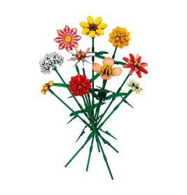 Bunter LEGO-Blumenstrauß mit grünen Stielen und verschiedenen Blütenformen.