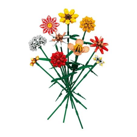 Bunter LEGO-Blumenstrauß mit grünen Stielen und verschiedenen Blütenformen.