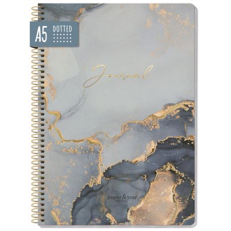 A5-Punktjournal mit blau-grau-gold marmoriertem Einband und goldener Spiralbindung.