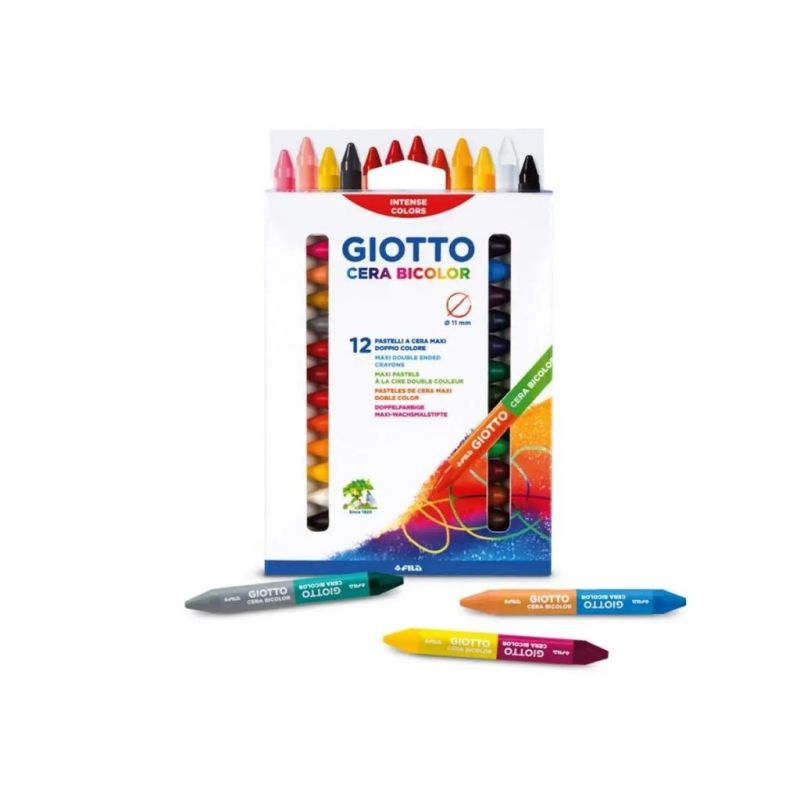 Eine Schachtel Giotto Cera Bicolor mit 12 sichtbaren Doppelstiften und drei weiteren Stiften außerhalb der Box.