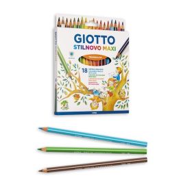 Schachtel Giotto Stilnovo Maxi Buntstifte, vorne drei Stifte in Blau, Grün und Braun.