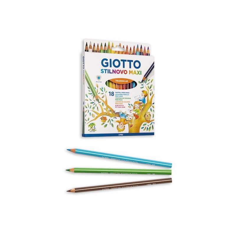 Schachtel Giotto Stilnovo Maxi Buntstifte, vorne drei Stifte in Blau, Grün und Braun.