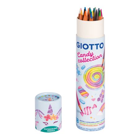 Eine Giotto-Dose mit Aquarellstiften im Bonbon-Design, Deckel abgenommen, bunte Stifte sind sichtbar.