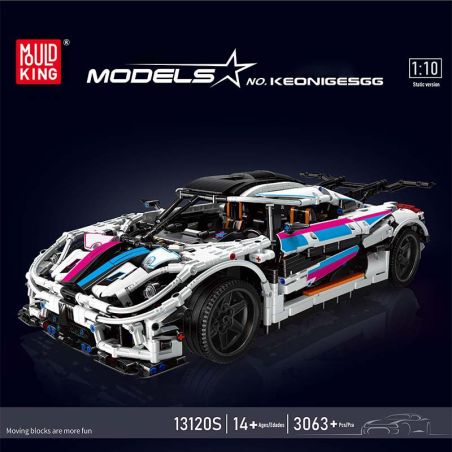 LEGO-ähnlicher Auto-Bausatz mit bunten Akzenten, beschriftet als Mould King Keonigsegg, vor dunklem Hintergrund.